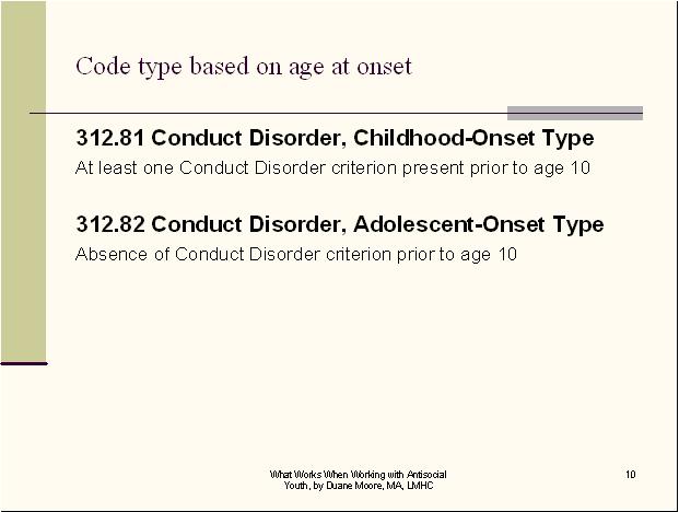 Code Type Conduct Disorder CEUs